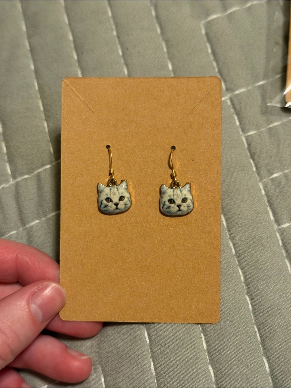 New Cat Face Drop Earrings - Gold Hooks - White/Grey Cat Design